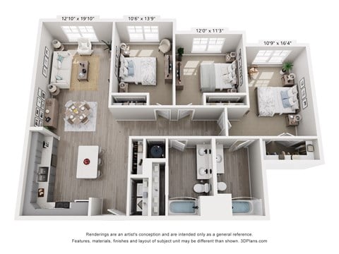 Floor plan for 3 beds, 2 baths, 1440 sqft